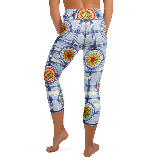 Stained Glass Mandalas High Rise Yoga Capri Leggings with Inside Pocket - Martin K Designs