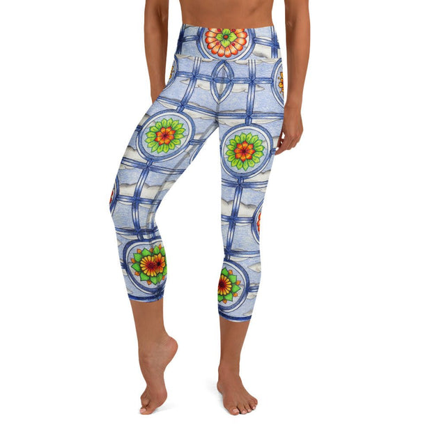 Stained Glass Mandalas High Rise Yoga Capri Leggings with Inside Pocket - Martin K Designs