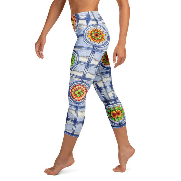 Stained Glass Mandalas High Rise Yoga Capri Leggings with Inside Pocket - Martin K Designs