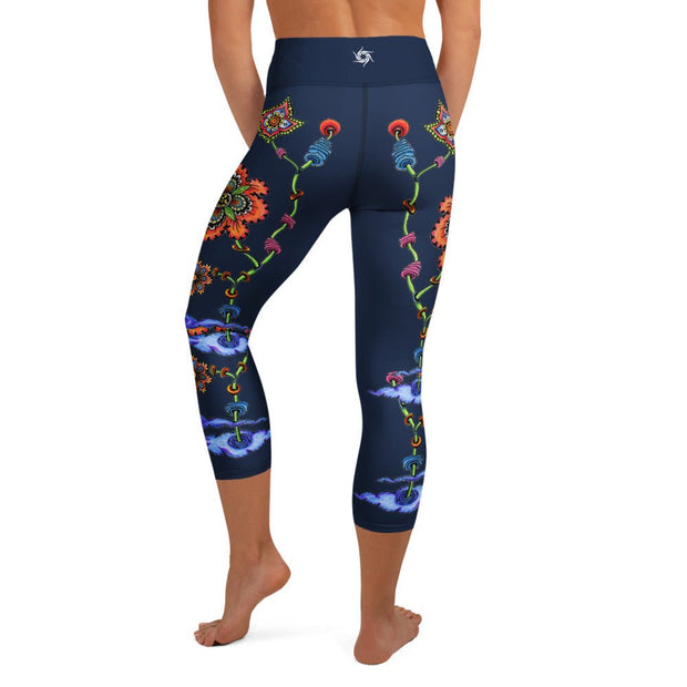 Steampunk Flowers High Rise Yoga Capri Leggings with Inside Pocket - Martin K Designs