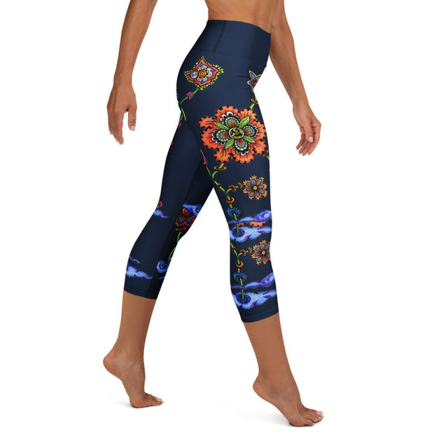Steampunk Flowers High Rise Yoga Capri Leggings with Inside Pocket - Martin K Designs