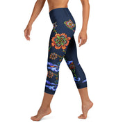 Steampunk Flowers High Rise Yoga Capri Leggings with Inside Pocket - Martin K Designs