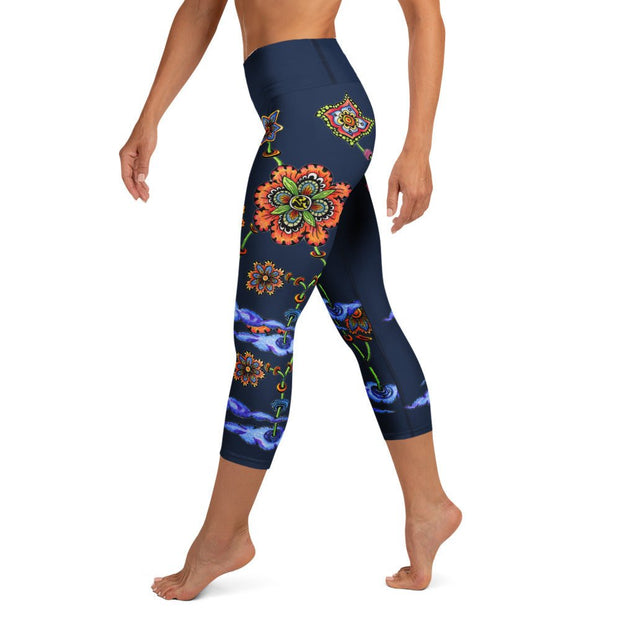 Steampunk Flowers High Rise Yoga Capri Leggings with Inside Pocket - Martin K Designs