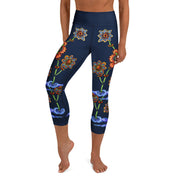 Steampunk Flowers High Rise Yoga Capri Leggings with Inside Pocket - Martin K Designs