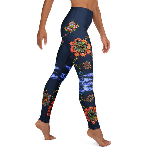 Steampunk Flowers High Rise Yoga Leggings with Inside Pocket - Martin K Designs