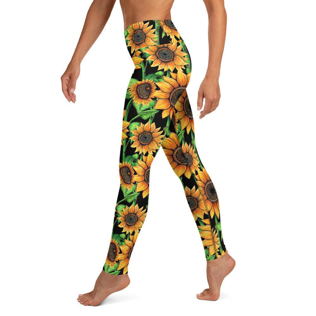Sunflowers High Rise Yoga Leggings with Inside Pocket - Martin K Designs