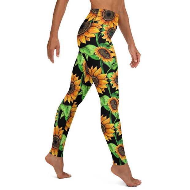 Sunflowers High Rise Yoga Leggings with Inside Pocket - Martin K Designs